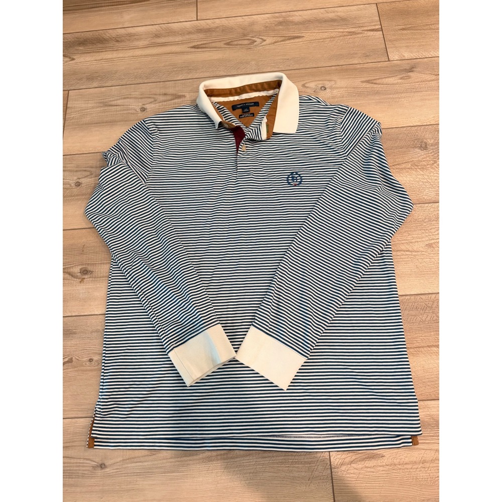Tommy Hilfiger Mens Long Sleeve Striped Polo Shirt Blue White Custom Fit L